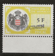 TIMBRES FISCAUX DE MONACO SERIE UNIFIEE N° 100 5 F Jaune Rare Surchargé Spécimen Neuf Gomme Mnh (**) - Revenue