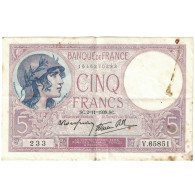 France, 5 Francs, 1939, 1939-11-02, TB, Fayette:4.14, KM:83 - 5 F 1917-1940 ''Violet''