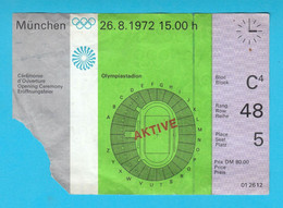 OLYMPIC GAMES MUNCHEN 1972 - OPENING CEREMONY - Original Old Ticket * Jeux Olympiques Billet Olympia Olympiade Munich 72 - Apparel, Souvenirs & Other