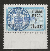 TIMBRES FISCAUX DE MONACO SERIE UNIFIEE N° 91 3 F Bleu Rare Surchargé Spécimen Neuf Gomme Mnh (**) - Fiscaux