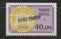 TIMBRES FISCAUX DE MONACO SERIE UNIFIEE N°96 40F Violet, Jaune 2000 Rare Surchargé Spécimen Neuf Gomme Mnh (**) - Revenue