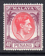 Malaya Penang 1949-52 GVI 40c Red & Purple Definitive, MNH, SG 18 (MS) - Penang