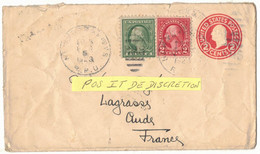 1923 ENVELOPPE ENTIER POSTAL ET TIMBRES CIRCULEE PASADENA CALIFORNIE USA VERS FRANCE AUDE LEZIGNAN LAGRASSE TIMBRE V° - 1921-40