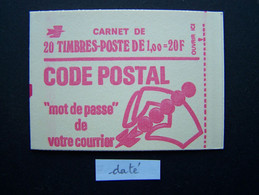 1892-C3a CONF. 6 CARNET DATE DU 9.8.7?  FERME 20 TIMBRES MARIANNE DE BEQUET 1,00 ROUGE CODE POSTAL - Modernes : 1959-...