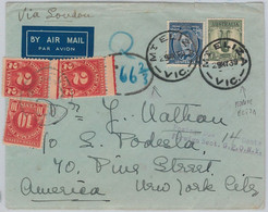 51775  - AUSTRALIA -  POSTAL HISTORY - COVER To USA 1939 - TAXED On ARRIVAL - Lettres & Documents