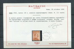 EGEO LERO 1921 20 C. SASSONE N. 11 ** MNH CERT. RAYBAUDI - Aegean (Lero)