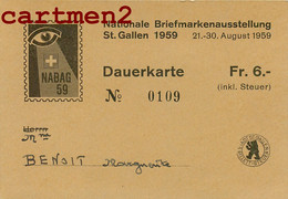 NATIONALE BRIEFMARKENAUSSTELLUNG ST. GALLEN 1959 DAUERKARTE NABAG 59 SUISSE Switzerland TICKET EXPOSITION - Biglietti D'ingresso