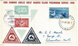 New Zealand 1958 Great Barrier Island Pigeongram Service Diamond Jubilee Souvenir Cover - Briefe U. Dokumente