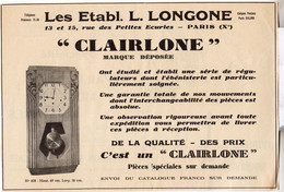 RARE PUB SUR PAPIER - 1930 - ETABLISSEMENTS L. LONGONE - CLAIRLONE - PARIS - Orologi Da Muro