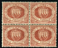 SAN MARINO 1894 CIFRA 65 C. ** MNH CENTRATISSIMA QUARTINA - Unused Stamps
