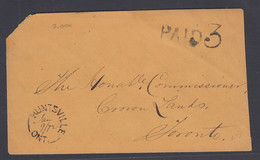 Canada 1872 Stampless Cover, Huntsville Ont, Paid 3 To Toronto - ...-1851 Vorphilatelie