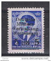 MONTENEGRO - OCCUPAZ. TEDESCA:  1943  SOPRASTAMPATO  -  £. 5/4 D. OLTREMARE  N. -  SASS. 6 - German Occ.: Montenegro