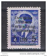 MONTENEGRO - OCCUPAZ. TEDESCA:  1943  SOPRASTAMPATO  -  £. 5/4 D. OLTREMARE  N. -  SASS. 6 - Occ. Allemande: Montenegro