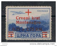 MONTENEGRO - OCCUPAZ. TEDESCA:  1944  P.A. SOPRASTAMPATO  -  0,25 + 2,75 Rm/£. 1  AZZURRO  N. -  SASS. A 10 - German Occ.: Montenegro
