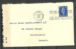 Great Britain  1940 Cover To Denmark Opened By Censor  Slogan Grow More Food Dig For Victory Stamp With Perfin - Covers & Documents