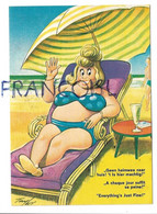 A La Plage. Grosse Dame En Bikini Dans Un Transat, Parasol Et Verre:" A Chaque Jour Suffit Sa Peine". - Taylor