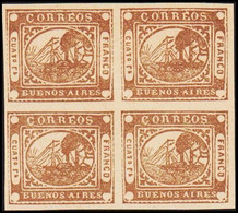 1858. BUENOS AIRES 4 R (CUATO P.) SHIP MOTIVE In Block Of Four. Interesting Old Forge... (Michel 5) - JF510082 - Buenos Aires (1858-1864)