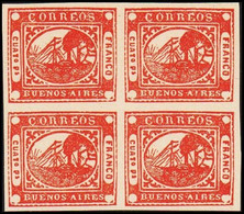 1858. BUENOS AIRES 4 P (CUATO P.) SHIP MOTIVE In Block Of Four. Interesting Old Forge... (Michel 3) - JF510084 - Buenos Aires (1858-1864)