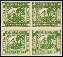 1858. BUENOS AIRES 3 P (TRES PS.) SHIP MOTIVE In Block Of Four. Interesting Old Forge... (Michel 2) - JF510086 - Buenos Aires (1858-1864)