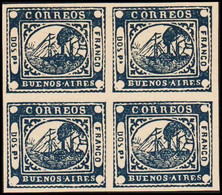 1858. BUENOS AIRES 2 P (DOS PS.) SHIP MOTIVE In Block Of Four. Interesting Old Forger... (Michel 1) - JF510087 - Buenos Aires (1858-1864)