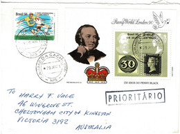 Brazil 2001 Stamp World London 90 Penny Black Minisheet + Soccer On Priority Letter To Australia - Covers & Documents