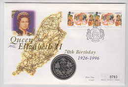 Isle Of Man 1996 Coin & Stamp Cover - Queen Elizabeth 70th Birthday Coin FDC - Isle Of Man