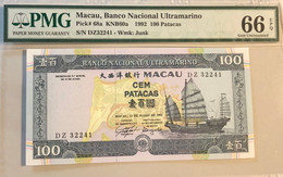 1992 BANCO NACIONAL ULTRAMARINO 100 PATACAS PICK#60a PMG66EPQ - GEM UNCIRCULATED - Macau