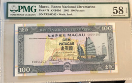 2003 BANCO NACIONAL ULTRAMARINO 100 PATACAS PICK#78 PMG58EPQ - Macau