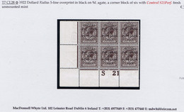 Ireland 1922 Dollard Rialtas Black Ovpt On 9d Agate, Corner Block Of 6 Control S21 Perf Mint Unmounted - Ongebruikt