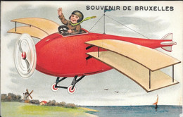 Carte Système Souvenir De Bruxelles Jeune Homme Dans Avion Biplan Parfait état - Panoramische Zichten, Meerdere Zichten