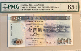 2003 BANCO DA CHINA / BANK OF CHINA 100 PATACAS PICK#104 PMG65EPQ, FK PREFIX - Macau