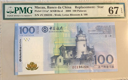 2008 BANCO DA CHINA / BANK OF CHINA 100 PATACAS PICK#111a* PMG67EPQ, ZC PREFIX - Macau