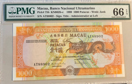 1999 BANCO NACIONAL ULTRAMARINO BNU 1000 PATACAS PICK#75b PMG66EPQ, GOLDEN DRAGON - Macau