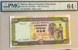 1992 BANCO NACIONAL ULTRAMARINO BNU 50 PATACAS PICK#72a PMG64PMG, BC PREFIX - - Macau