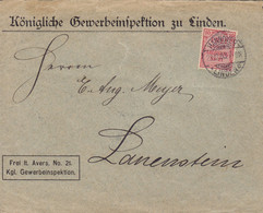 Deutsches Reich KÖNIGLICHE GEWERBEINSPEKTION ZU LINDEN, HANNOVER 1903 Cover Brief LAUENSTEIN 20 Pf. Frei Durch Ablösung - Dienstmarken