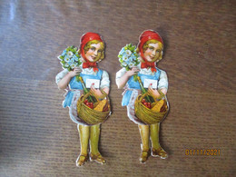 2 DECOUPIS JEUNE FILLE AVEC PANIER ET BOUQUET DE FLEURS HAUTEUR 13cm - Children