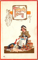 Thanksgiving Greetings With Girl Feeding Turkey 1914 - Thanksgiving