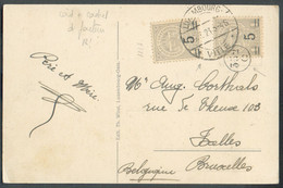 1 Cent. Gris Surchargé 5 (x2), Obl. Dc LUXEMBOURG (VILLE) sur C.P. Du 6-7-1923 Vers Ixelles (BE) + Cachet De Facteur 332 - 1907-24 Ecusson