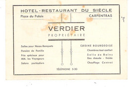 Carte Commerciale De L'Hôtel Restaurant Du Siècle Verdier Place Du Palais à Carpentras Vaucluse - Lebensmittel