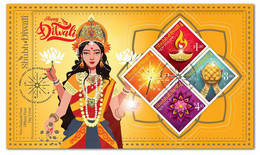 2021 NEW *** New Zealand Shubh Diwali Maa Lakshmi Laxmi , Sweets , Crackers , Diya Miniature Sheet First Day Cover (**) - Storia Postale