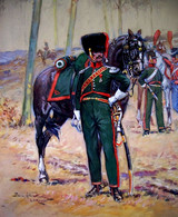 GOUACHE & AQUARELLE ORIGINALE Signée PIERRE ALBERT LEROUX: CHASSEURS A CHEVAL DE 1807 . MILITARIA - Gouaches