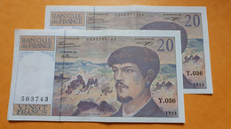 FRANCE DEBUSSY 20 FRANCS 1992 2 BILLETS NUMEROS QUI SE SUIVENT PRESQUE/ALMOST UNC !! - 20 F 1980-1997 ''Debussy''