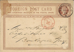 1876- Foreign Post Card De LONDRES Avec Entrée  ANGL. / BOULOGNE   Rouge - Marques D'entrées