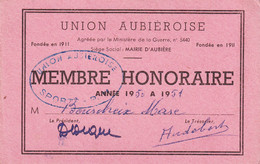 63 - PUY DE DOME - UNION AUBIEROISE -CARTE DE MEMBRE HONORAIRE Mr BOURCHEIX MARC - DOS VIERGE- (12X8cm) - VOIR SCANS - Aubiere