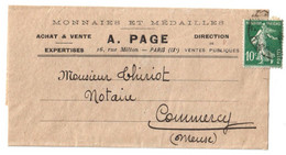 Bande D'imprimé PAGE Monnaies Et Médailles Dest Commercy 10c Semeuse Vert Yv 159 - 1877-1920: Semi-Moderne