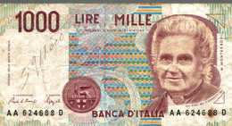 Billet De Banque Usagé Ayant Circulé - BANCA D'ITALIA - 1000 Lire MILLE LIRE - DH 662992 D - M. MONTESSORI - ITALIE 1990 - 1.000 Lire