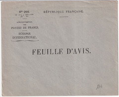 1926 - ENVELOPPE FEUILLE D'AVIS Des POSTES De FRANCE - ECHANGE INTERNATIONAL - NEUVE - Civil Frank Covers