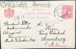 ROMANIA 1913 USED POSTAL STATIONARY POSTCARD CAMPINA TO SONNEBERG,GERMANY - Briefe U. Dokumente