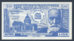 BILLET SCOLAIRE FACTICE 5 FRANCS VICTOR HUGO MATERIEL ARMAND COLIN - Fictifs & Spécimens