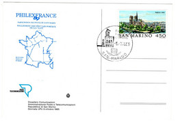 Carte Repiquée Pour PHILEXFRANCE 89 Participation Des Postes De Saint Marin Ralliement Des Véhicules Postaux 5/7/1989 - Covers & Documents